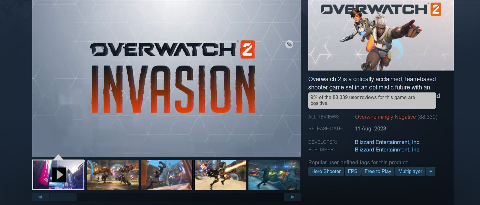 Overwatch 2 only has 9% positive reviews on Steam (Image via Steam)
